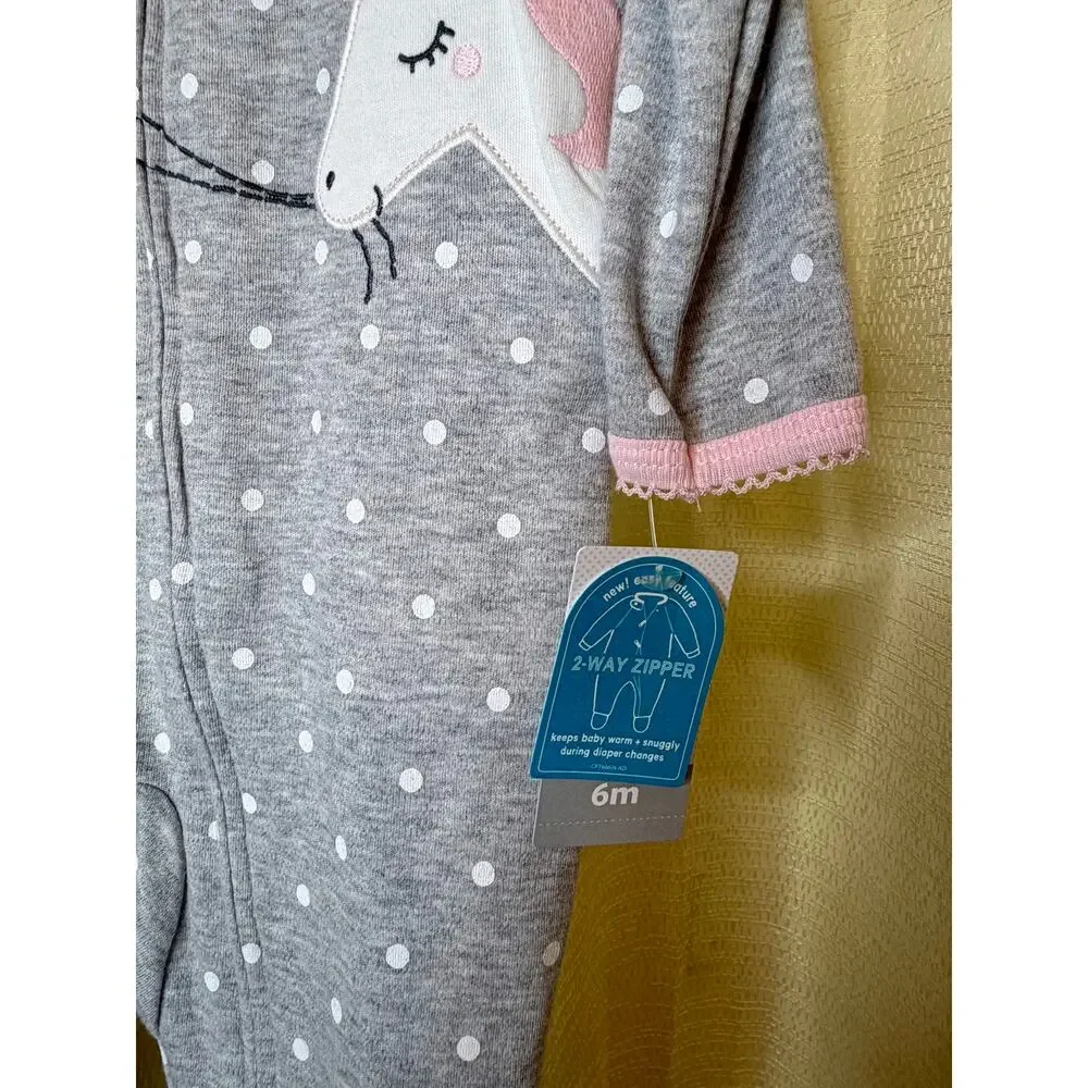 Carters Unicorn with baloons gray whit polka dot footed pajamas NWT
